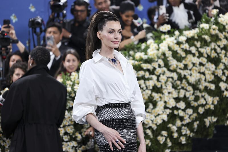 Anne Hathaway poses at the Met Gala. Photograph: Justin Lane/EPA